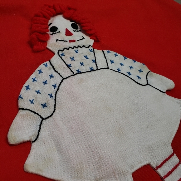 VINTAGE RAGGEDY ANN Applique Jumper Dress Red retro1960s Yarn Hair - Picture 3 of 10